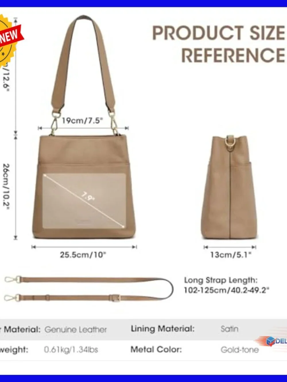 Leather Tote Crossbody Bucket Bag with 2 Detachable Straps, Fits Tablet